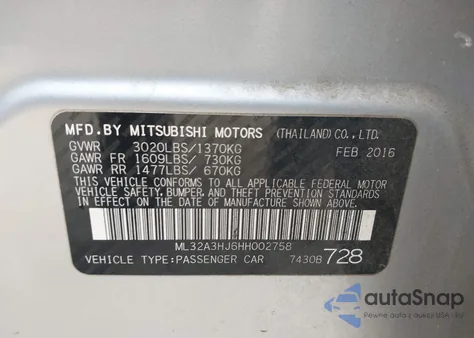 2017 Mitsubishi Mirage Es z USA, uszkodzony, nr VIN ML32A3HJ6HH002758